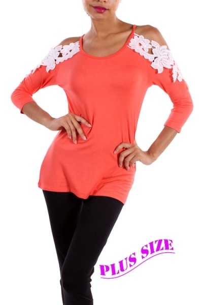 Women Plus Size Stretchy Coral Blouse w/White Leafy Collar. Size 1XL 2XL & 3XL.