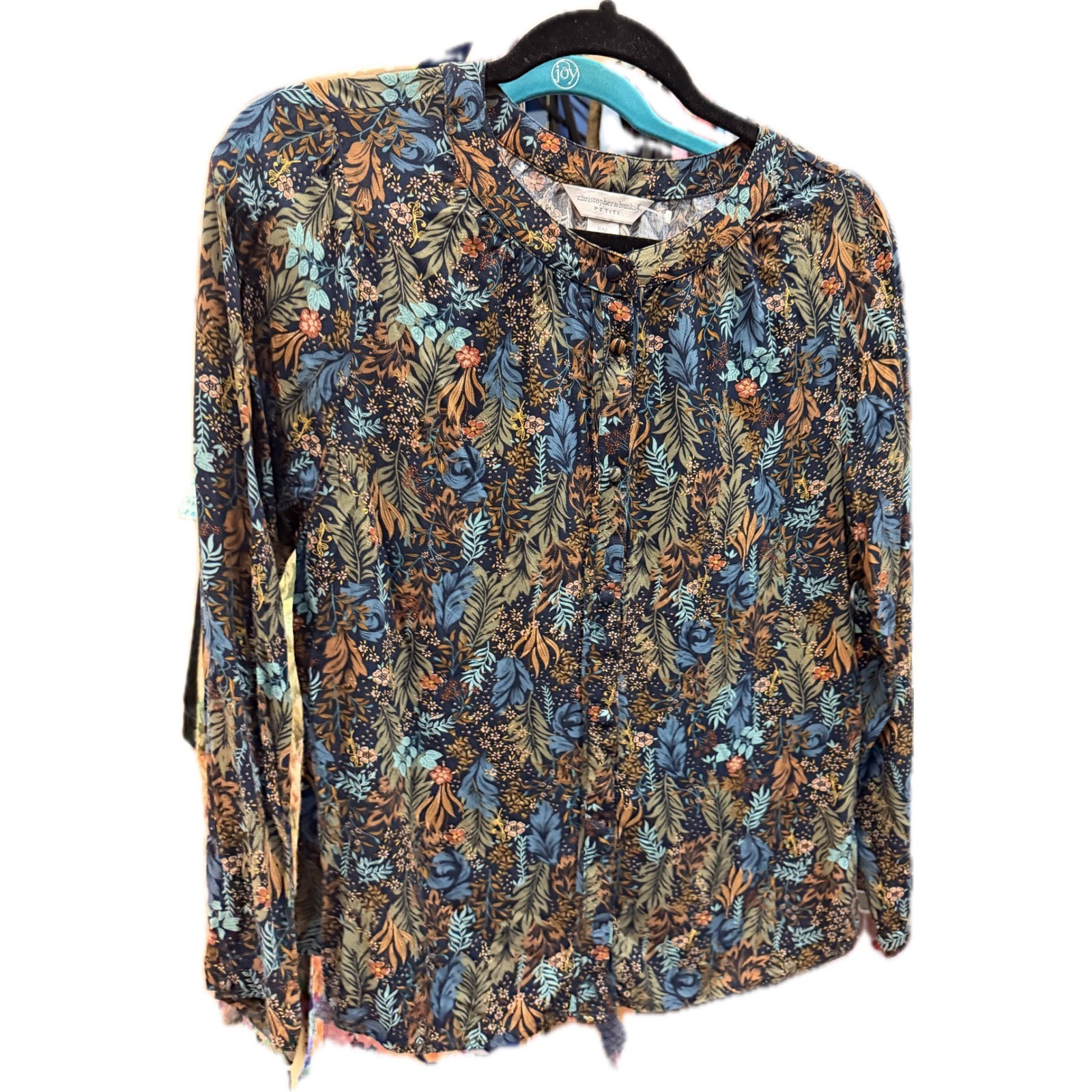 Christopher & Banks Petite Floral Blouse Long Sleeve Rayon Modal Navy Rust PM