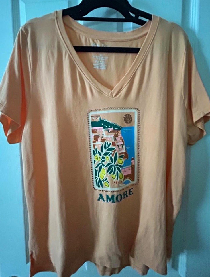 New York Laundry Women’s Plus 2X Peach V-Neck Short Sleeve Graphic Tee “AMORE”