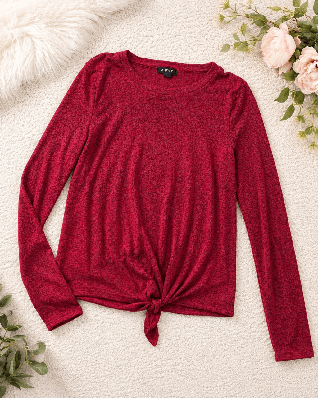 A. Byer Women’s Red Marled Tie Front Long Sleeve Top