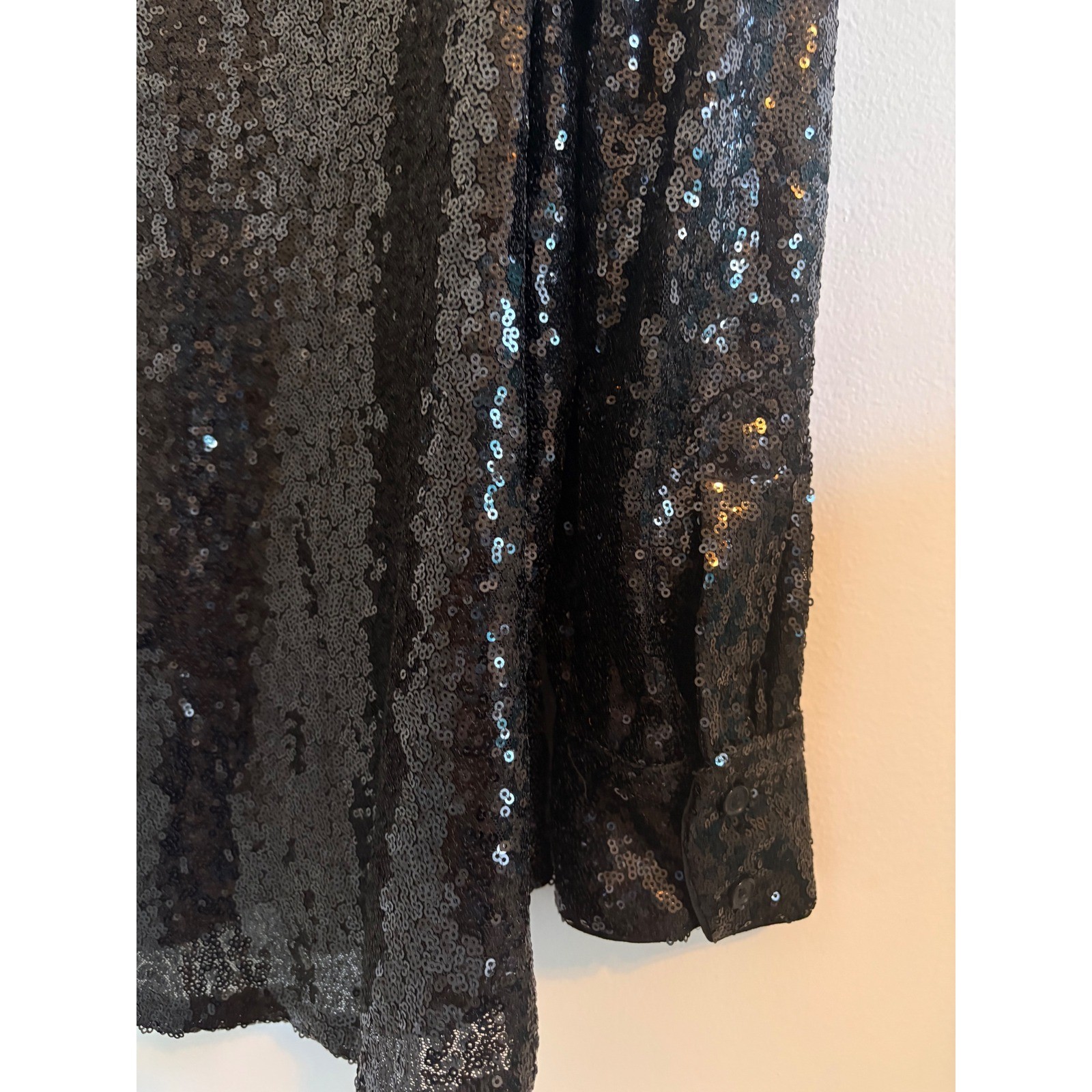 Crown & Ivy Black Sequin Button Up Shirt Holiday NYE Cocktail Blouse Womens L