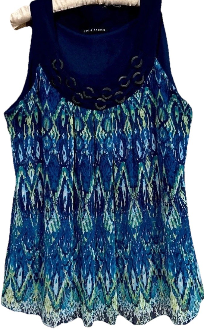 Zac & Rachel Top L Silky Beaded Neckline Popover Tank Shirt Blouse Women’s Large