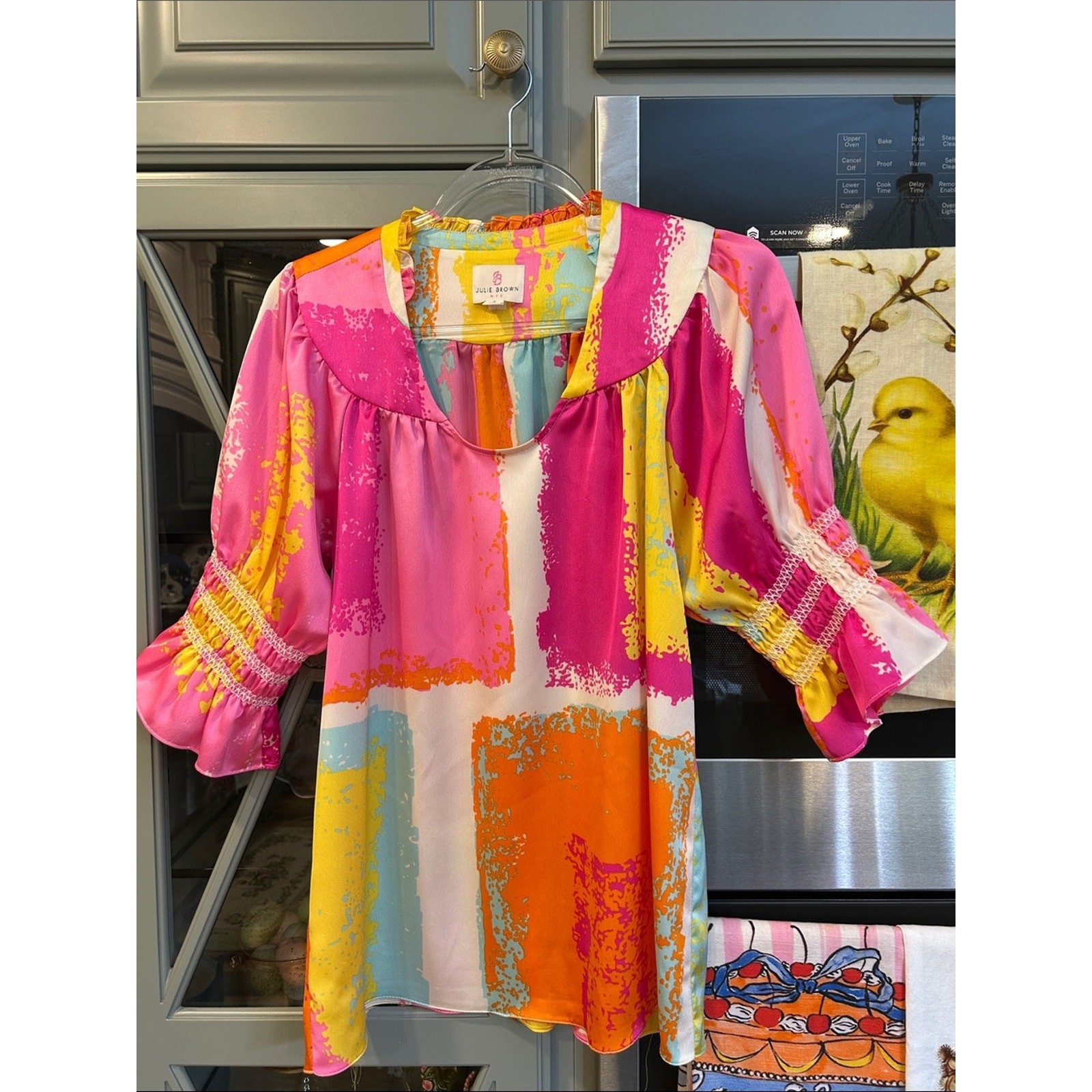 JB by Julie Brown Pink Orange Yellow Multi-Color Abstract Tunic Blouse