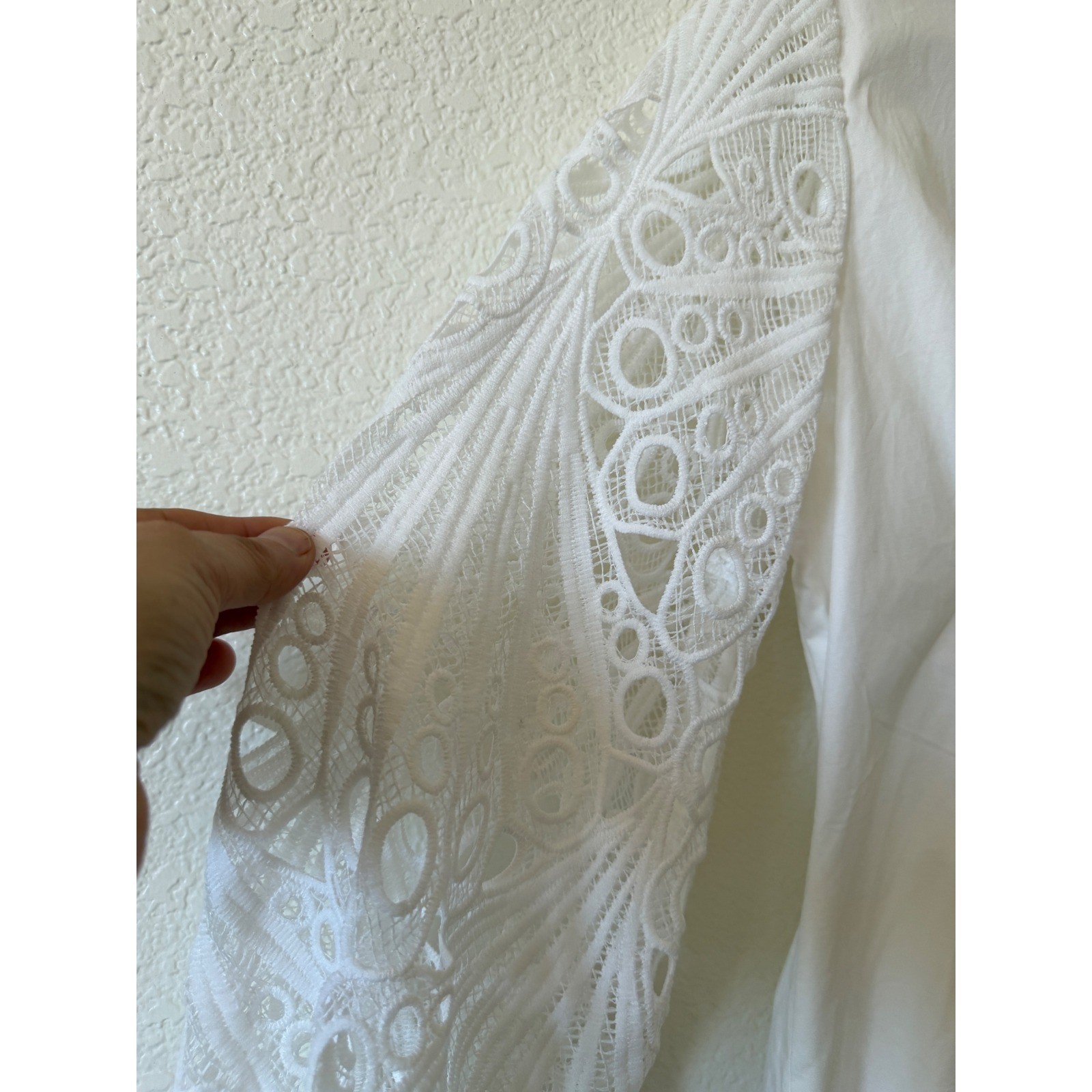 ChicMe White Button Down Blouse Lace Crochet Long Sleeve Pleated Waist Large