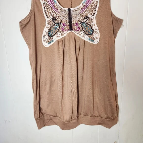 Y2k Route 66 Tan Embroidered Butterfly Wide Strap Tank Top 90s