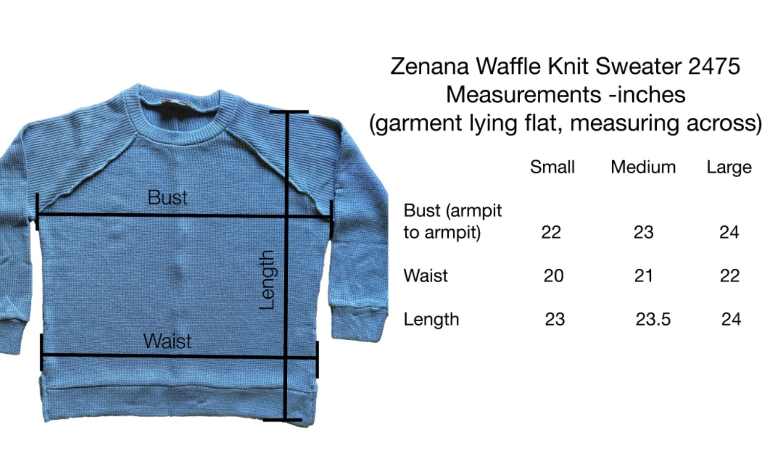 ZENANA 2475 Waffle Knit Top Long Raglan Sleeve Split Sides Sweater