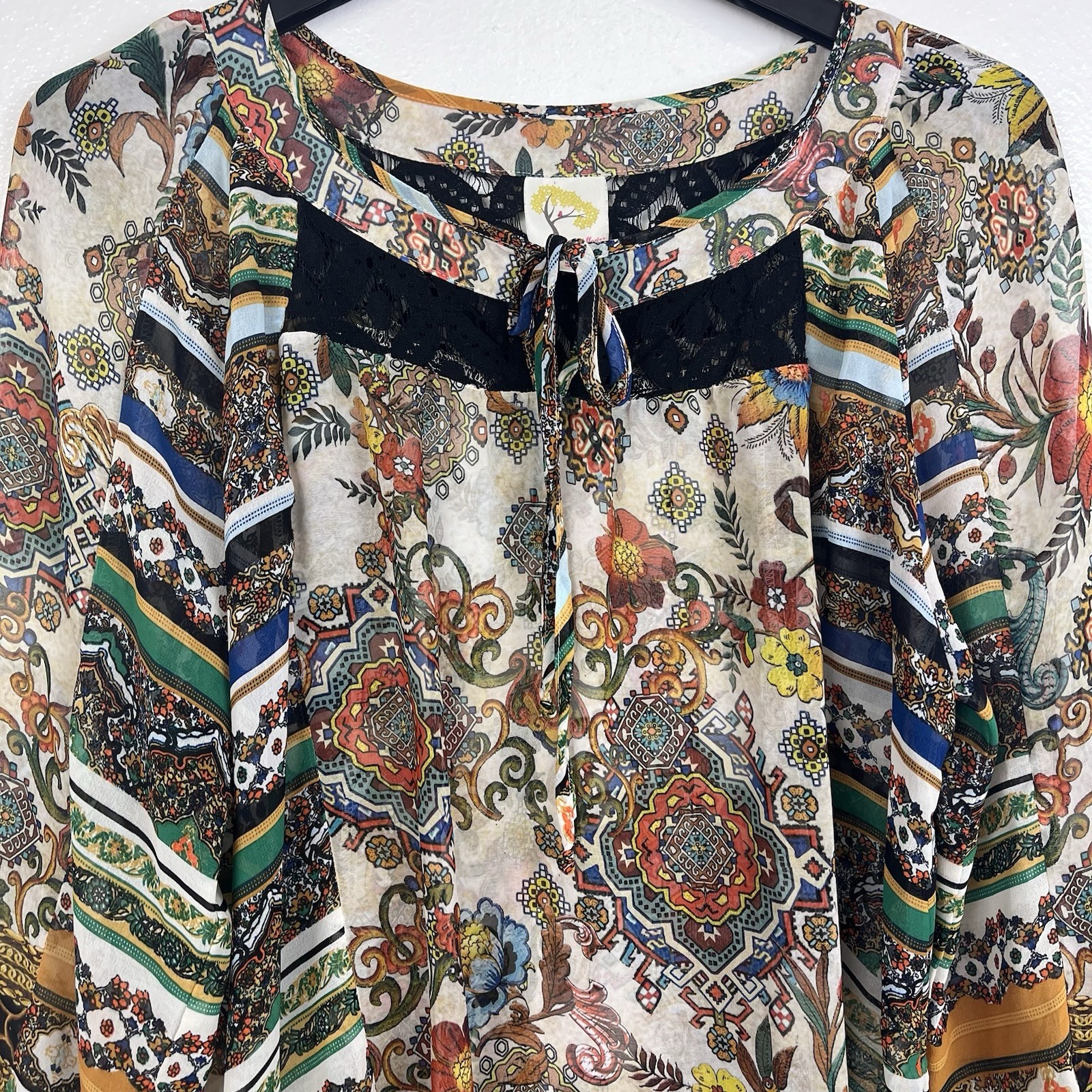 Fig and Flower Women’s Semi Sheer Multicolor Floral Blouse Peasant Size Large
