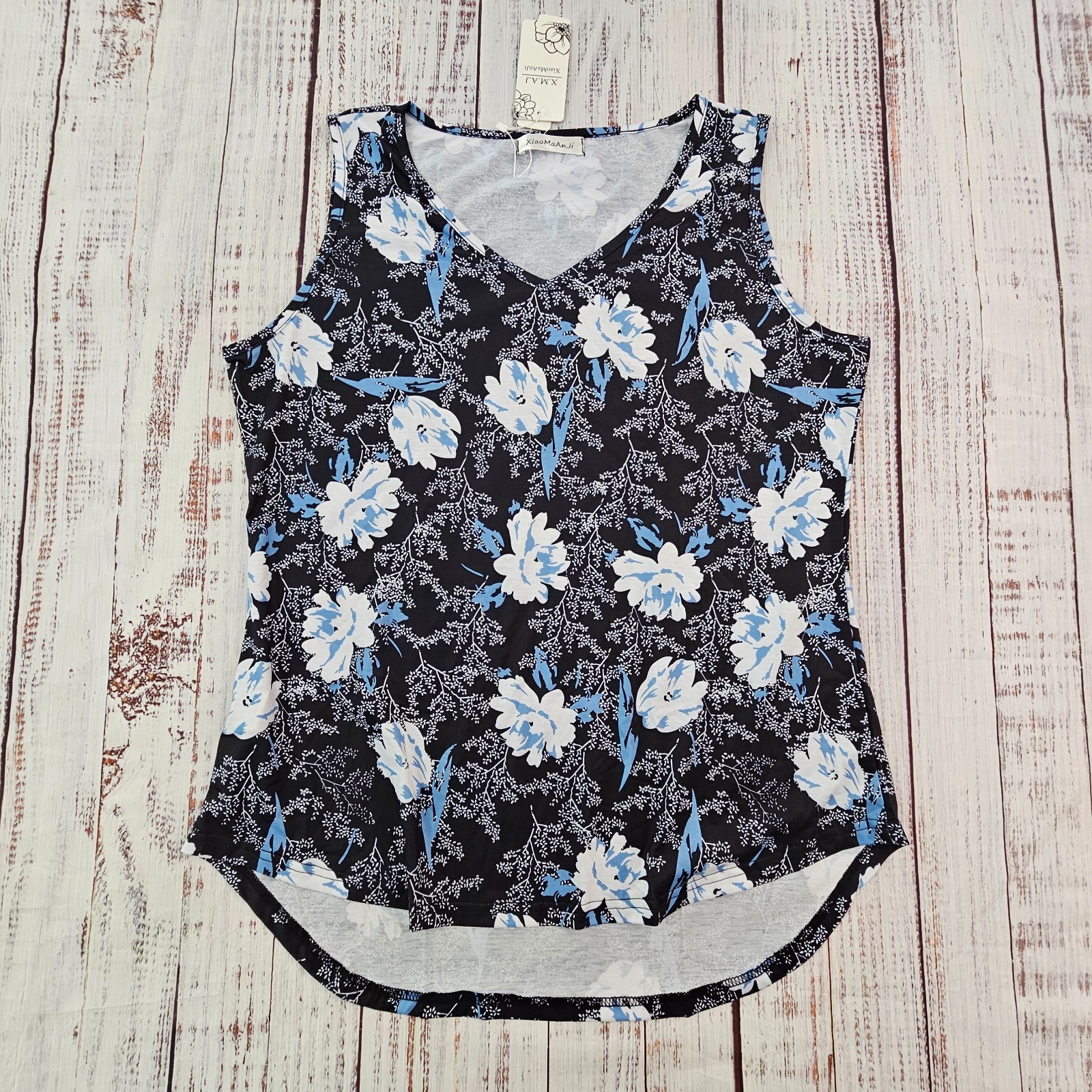 NWT XiaoMaAnJi Black Blue Floral Sleeveless V Neck Dolphin Hem Tank Blouse 1X