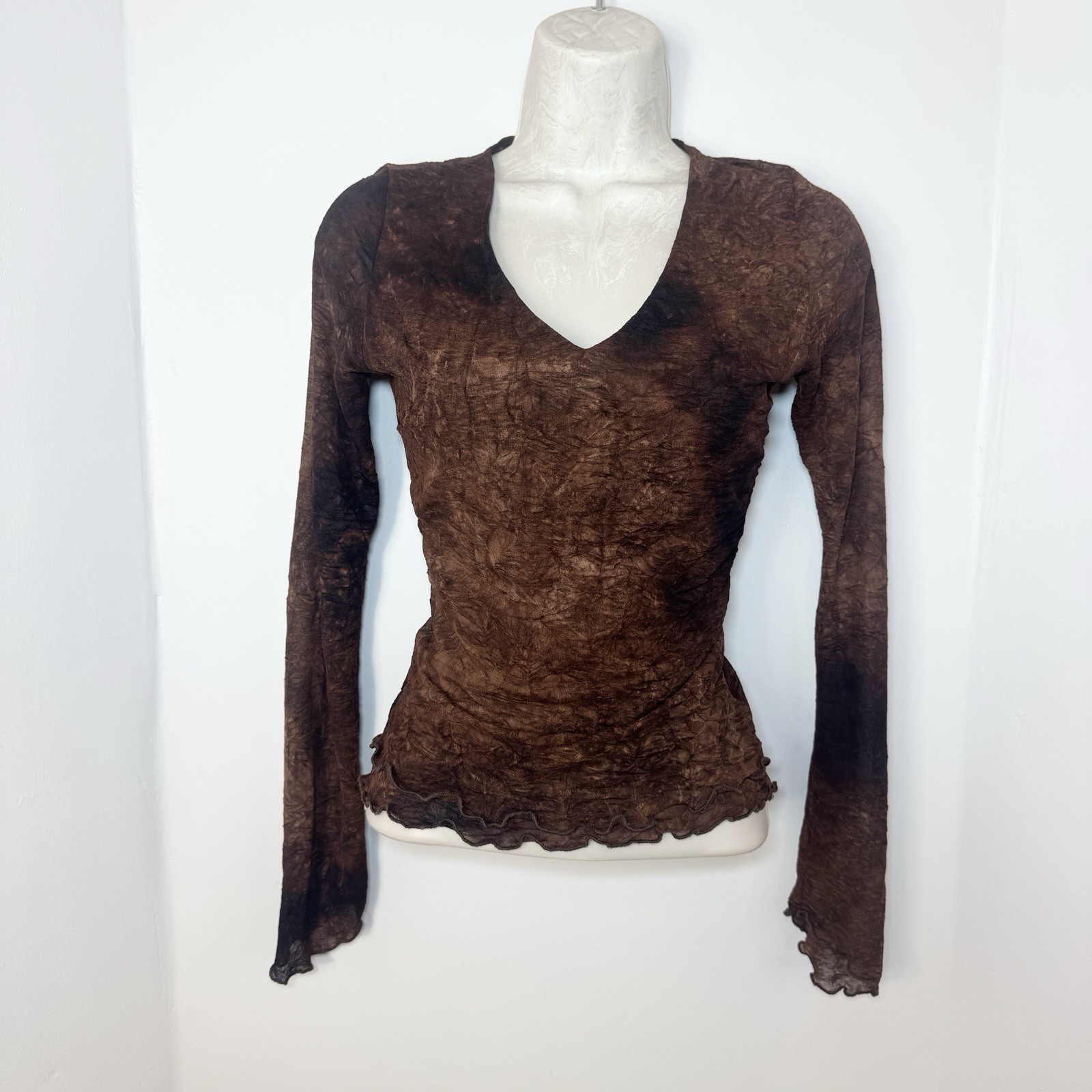 Vintage Y2K Wet Seal Long Sleeve Mesh Top Womens M Brown Fairy Grunge Crinkle