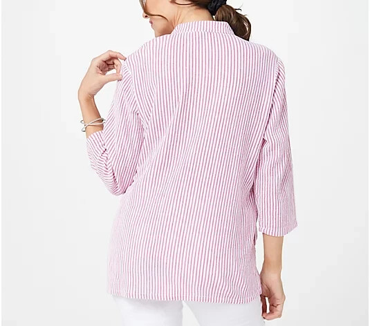 Joan Rivers 3/4 Sleeve Crinkle Texture Striped Shirt, Red X-Small A398439