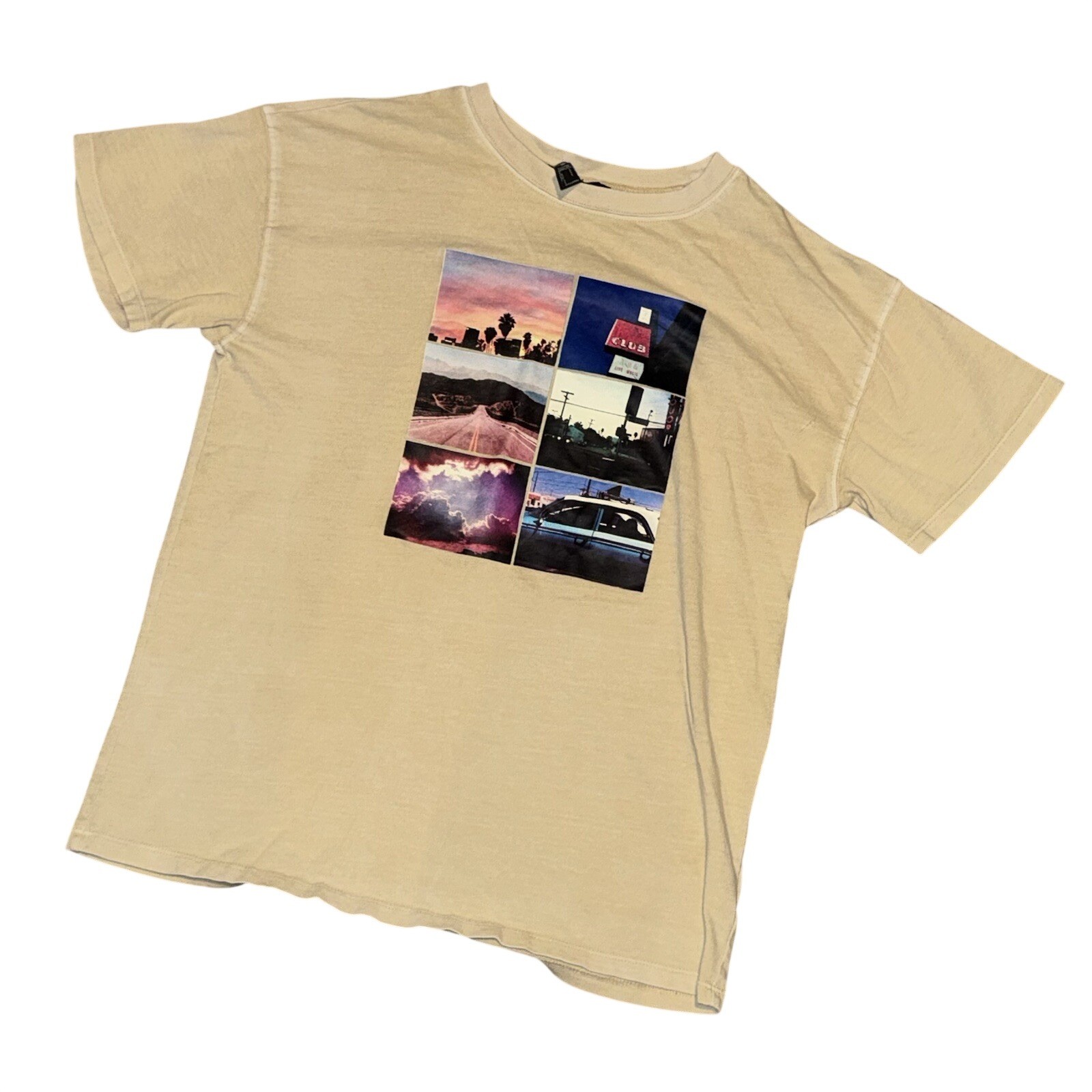 Forever 21 Womens Small Graphic Print T-Shirt Beige Photo Grid Short Sleeve Tee