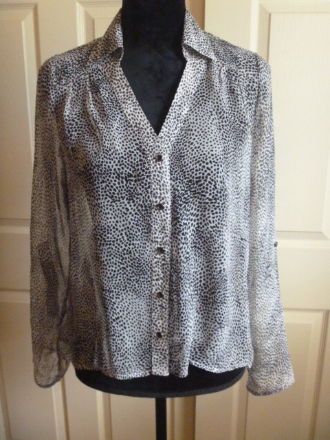 HAVE&HAVE Semi Sheer Blouse Black White M Unlined Sleeve Long Roll Up Tab Work