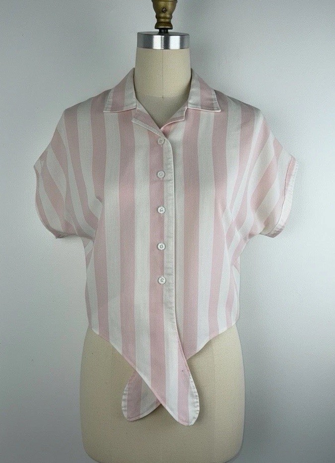 Vintage 80s Pink & White Striped Short Sleeve Tie Front Top. Med. Coastal Retro