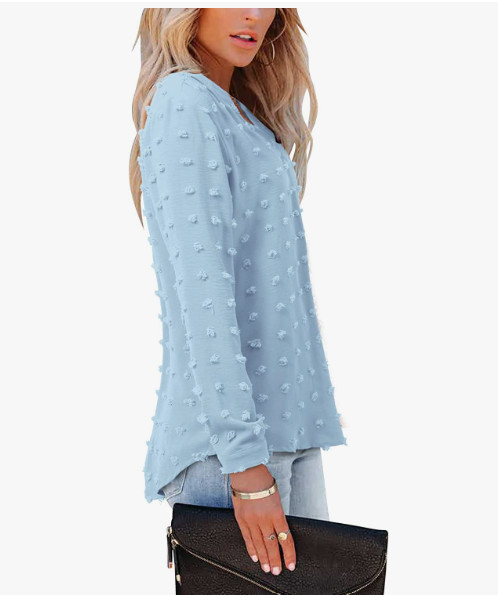 Moyabo Woman’s Swiss Dot Blouse Long Sleeve V-neck Casual Work Baby Blue Size XL