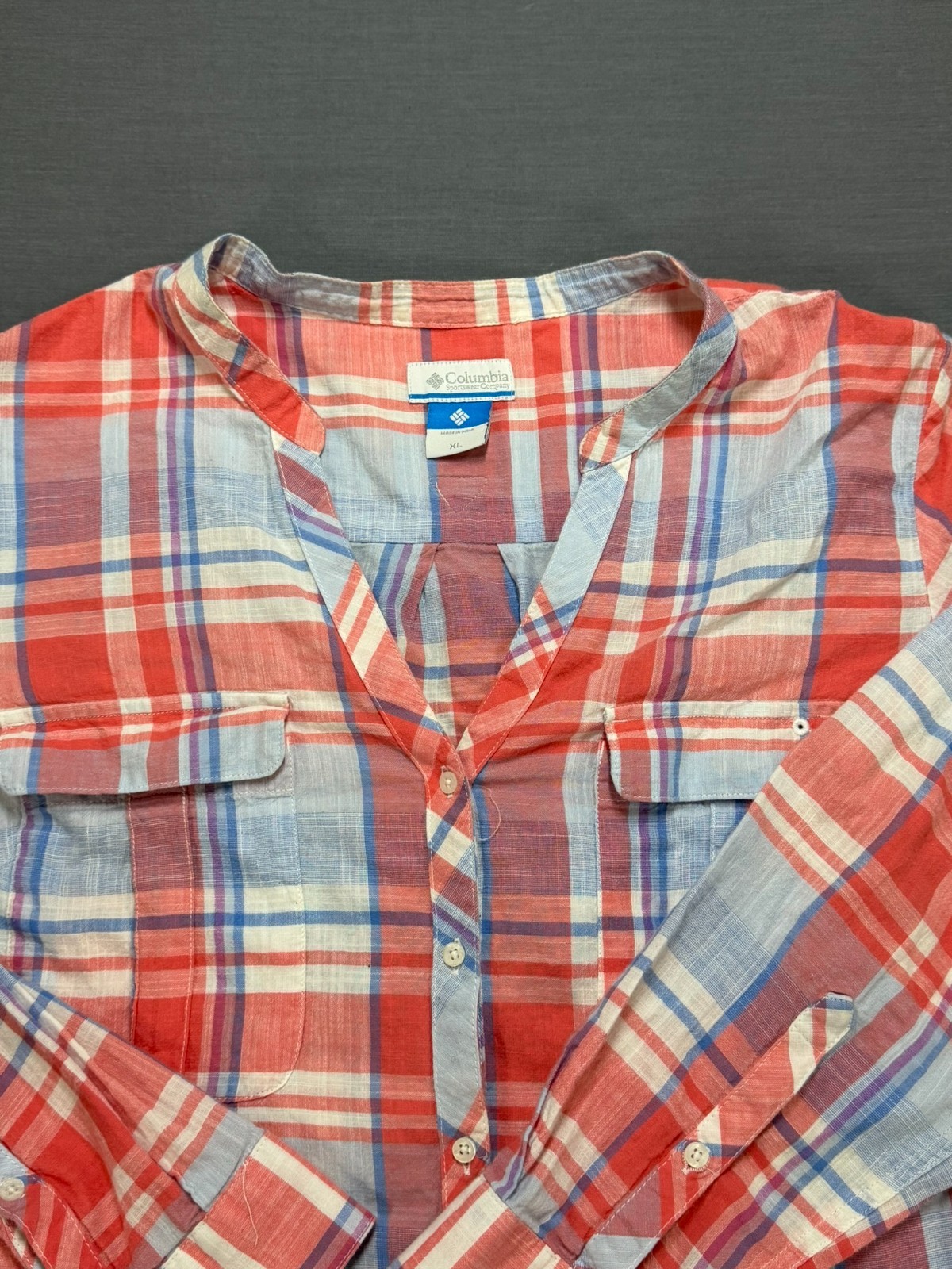 Columbia PFG Women’s XL Red Blue Plaid Roll Tab Fishing Shirt 100% Cotton
