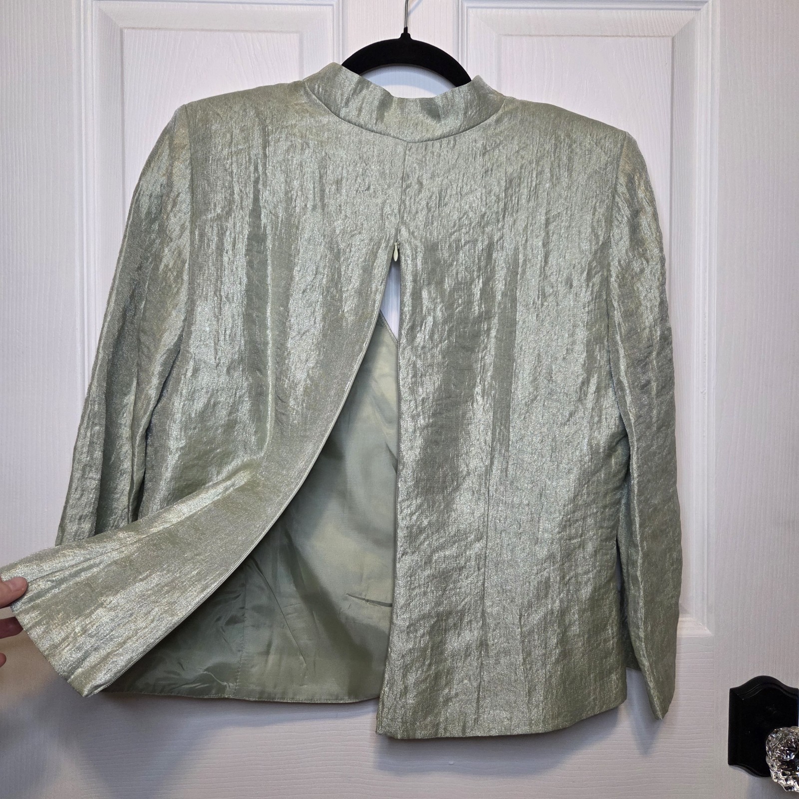 VTG Expo New York Blouse L Green Metallic Shimmer Beaded City Glam 80s 90s Art