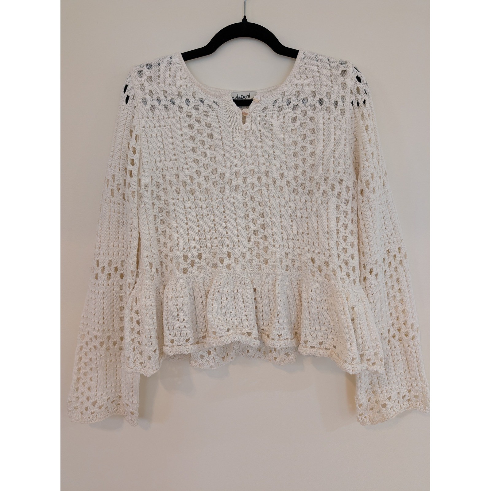 Davi & Dani Womens Small Crochet Knit Peplum Top Off White Cottagecore DWT30262