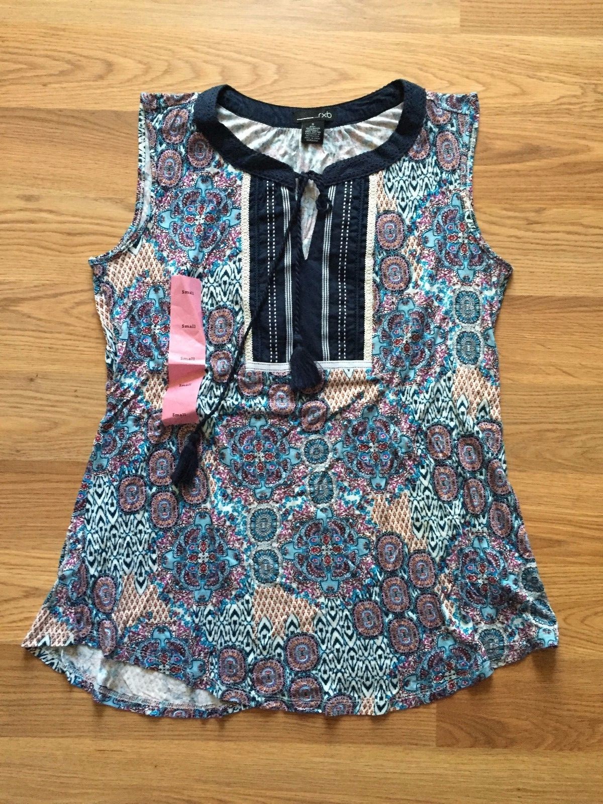 NWOT Womens RXB Printed Sleeveless Blue Mila Patchwork Tunic Shirt Blouse Sz S