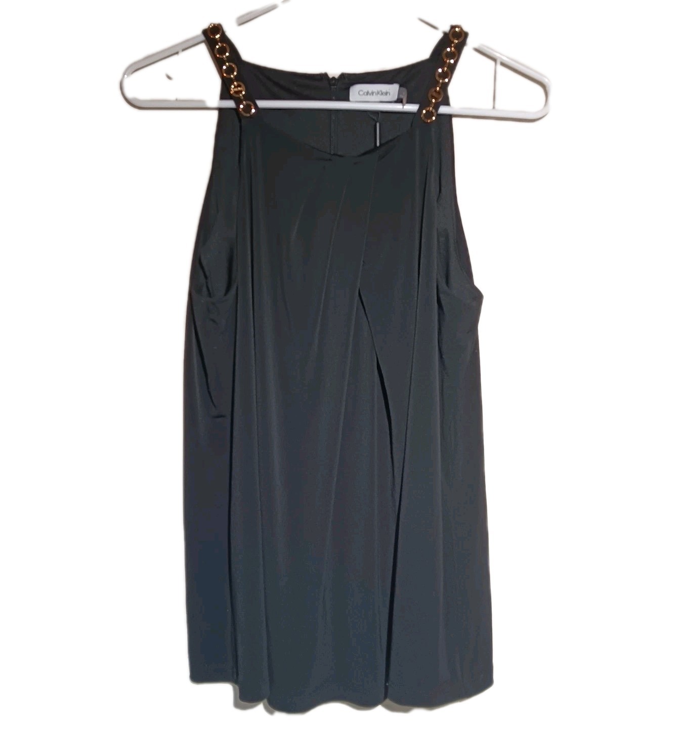 Calvin Klein, Women’s Black Tank Draped Top Gold Chain Accents Straps, Stretch M
