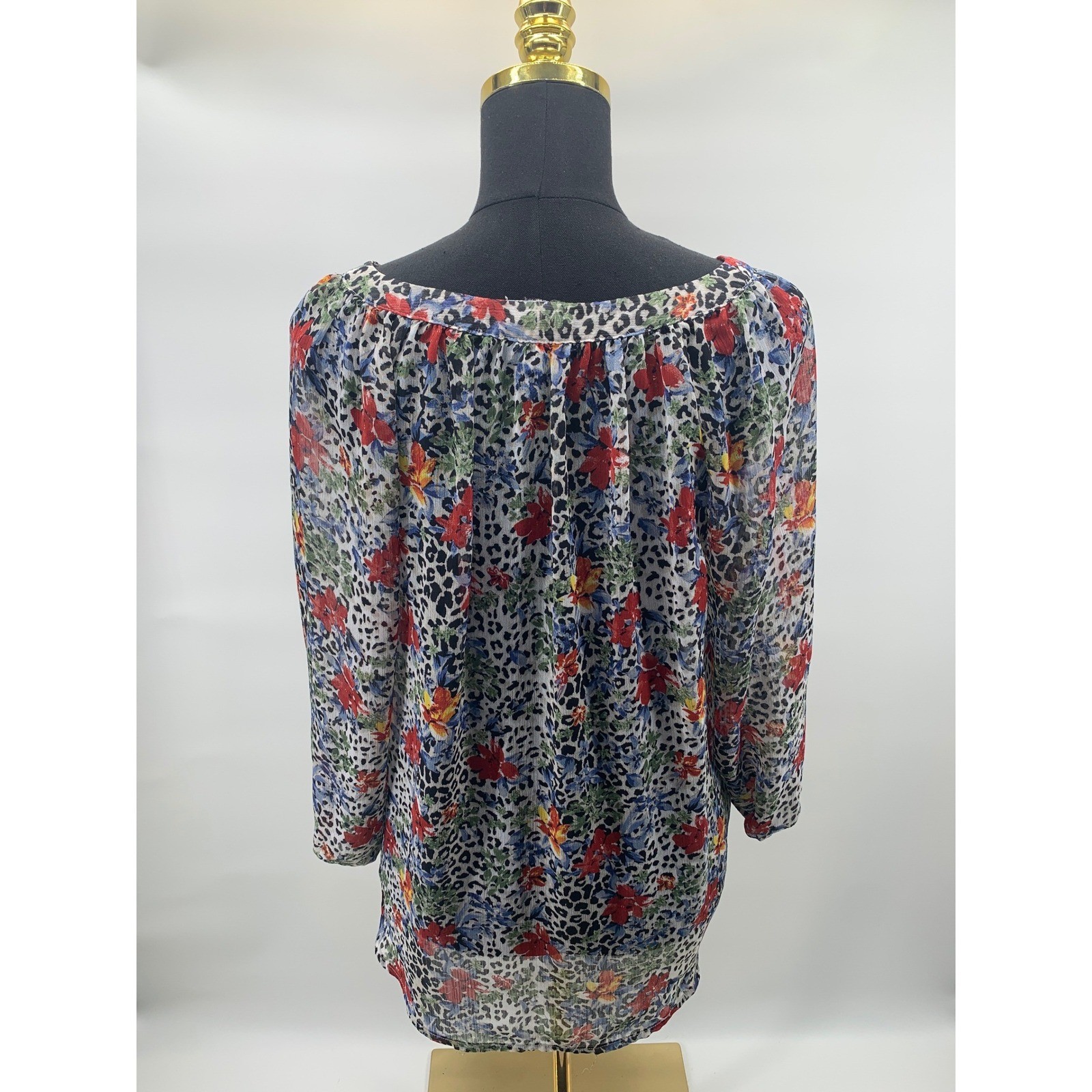 ALYX Womens Leopard Floral Print Tie Neck Sheer Blouse Top Multicolor Size L