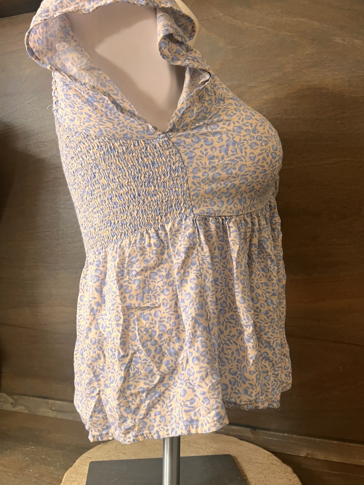 Japna BLUE Floral Ruched Crop Top RUFFLE Sleeve Smocked Romantic Womens Size M