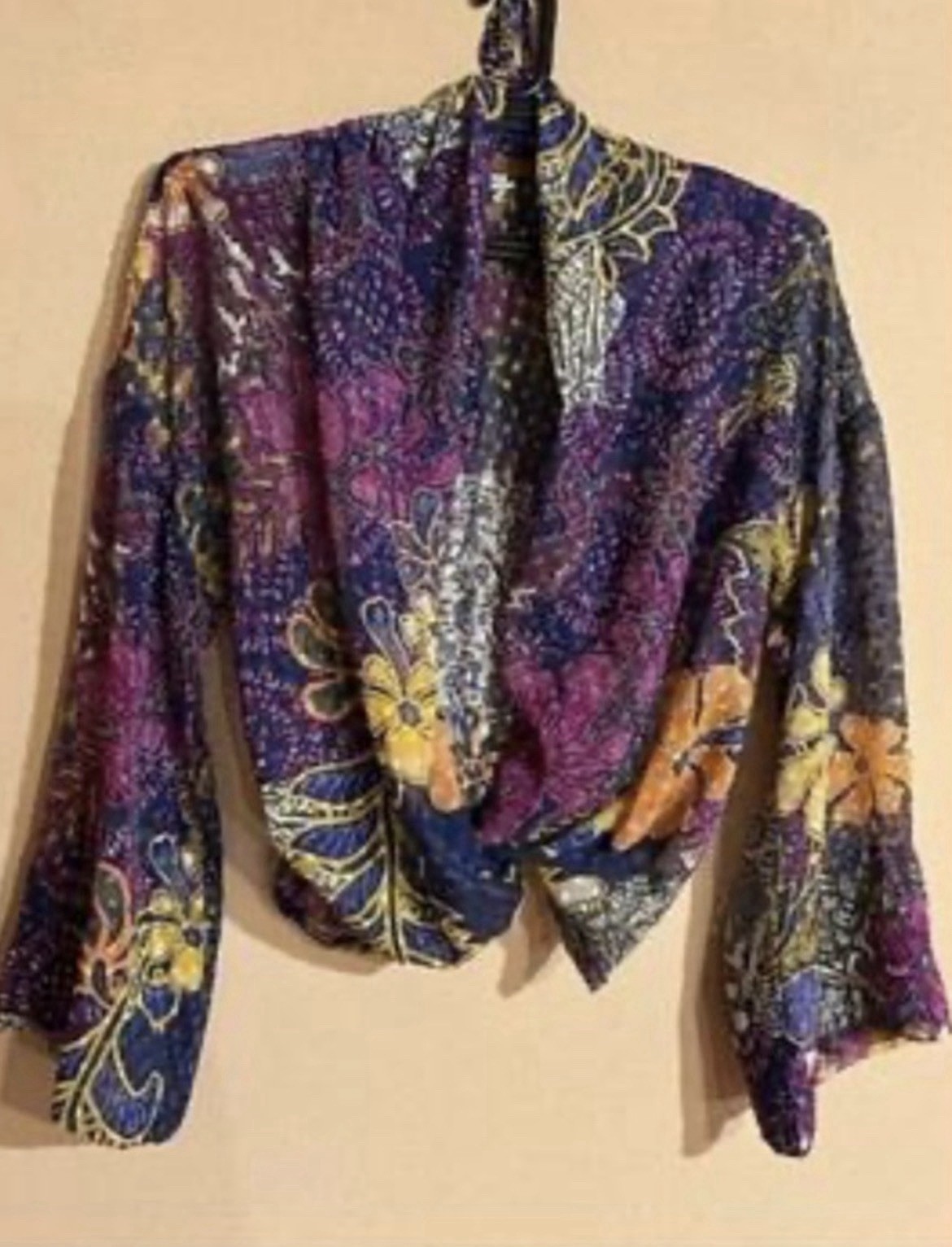 Vintage KENZO Jungle Sheer Chiffon Floral Wrap Blouse Long Sleeve Tie Front 40