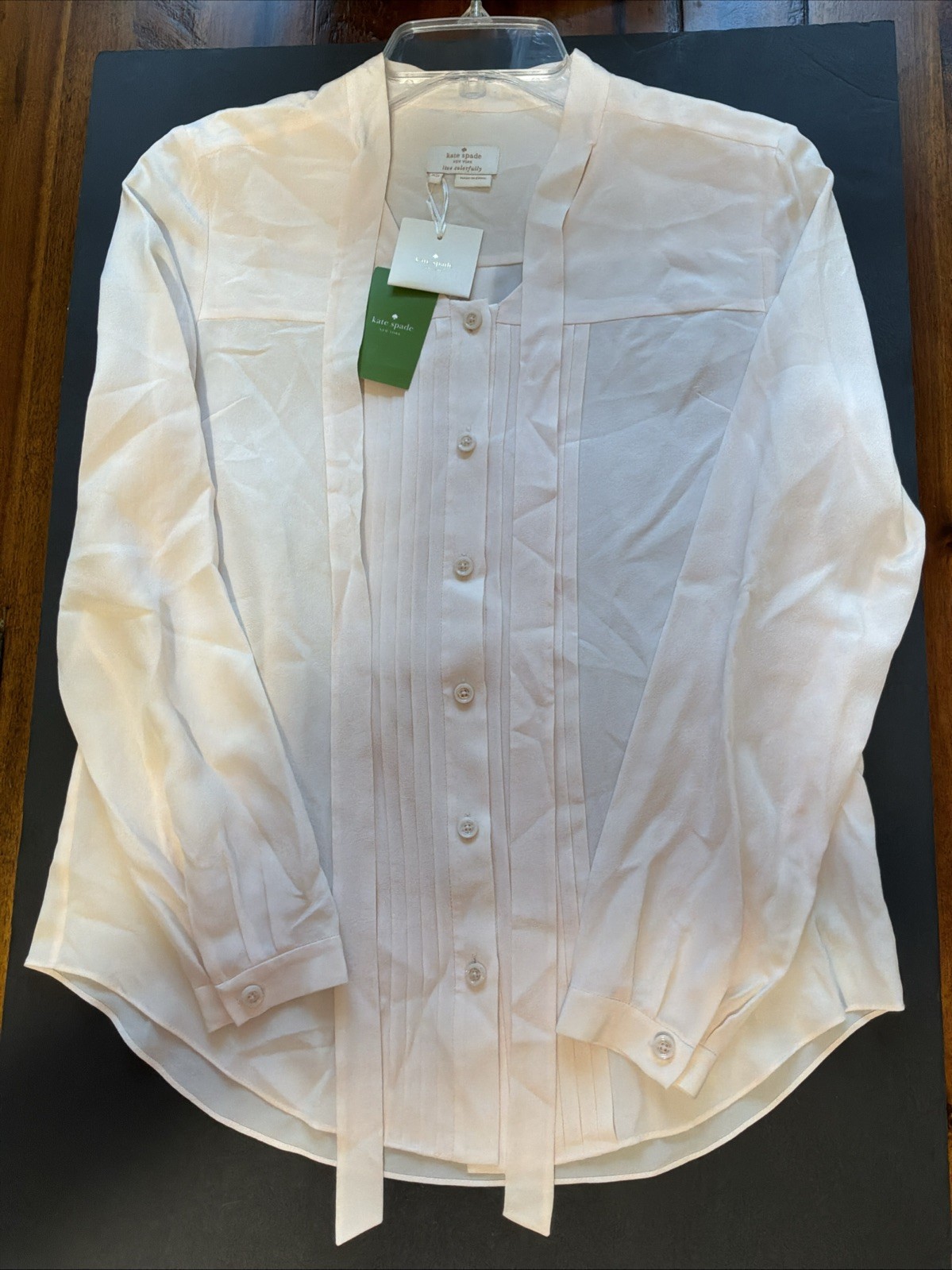 NWT $258 KATE SPADE Pale Pink 100% Silk, Tie Neck-Front Pleat Shirt Size XS
