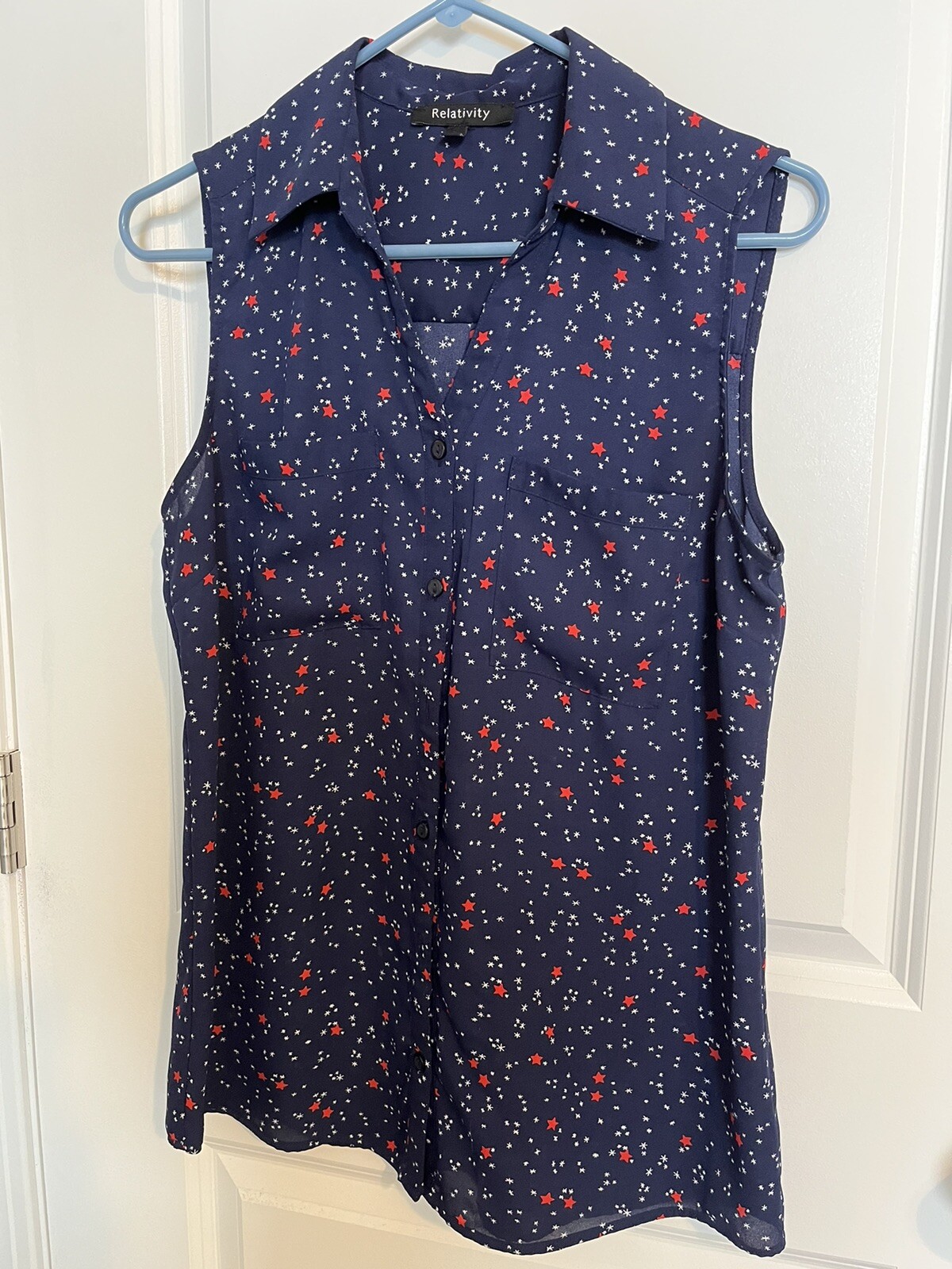 Relativity Blouse Shirt S Navy Blue Red White Stars Sleeveless Americana Button