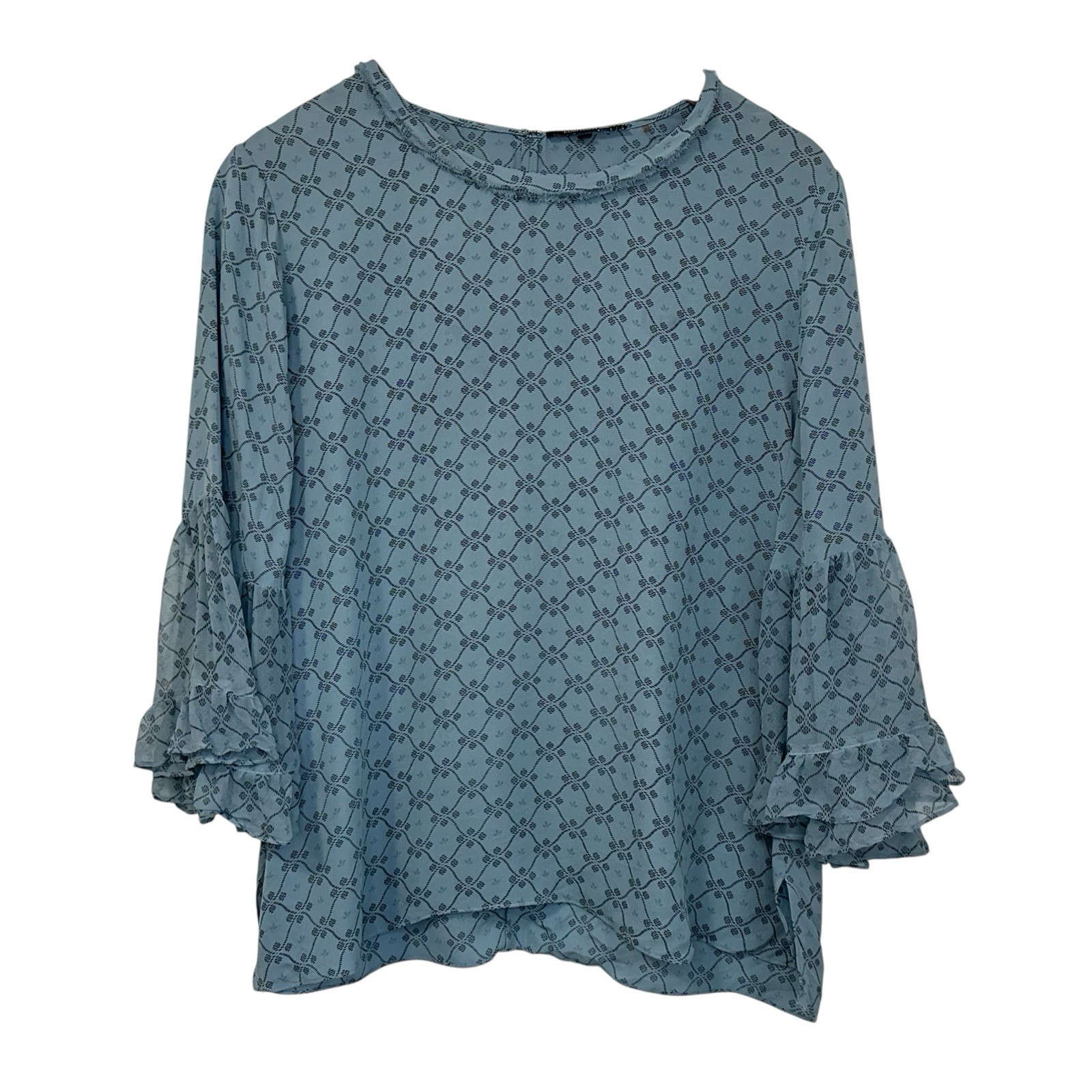 Kobi Halperin Women 100% Silk Printed Blouse Sz 1X Blue Black Ruffle 1/2 Sleeve
