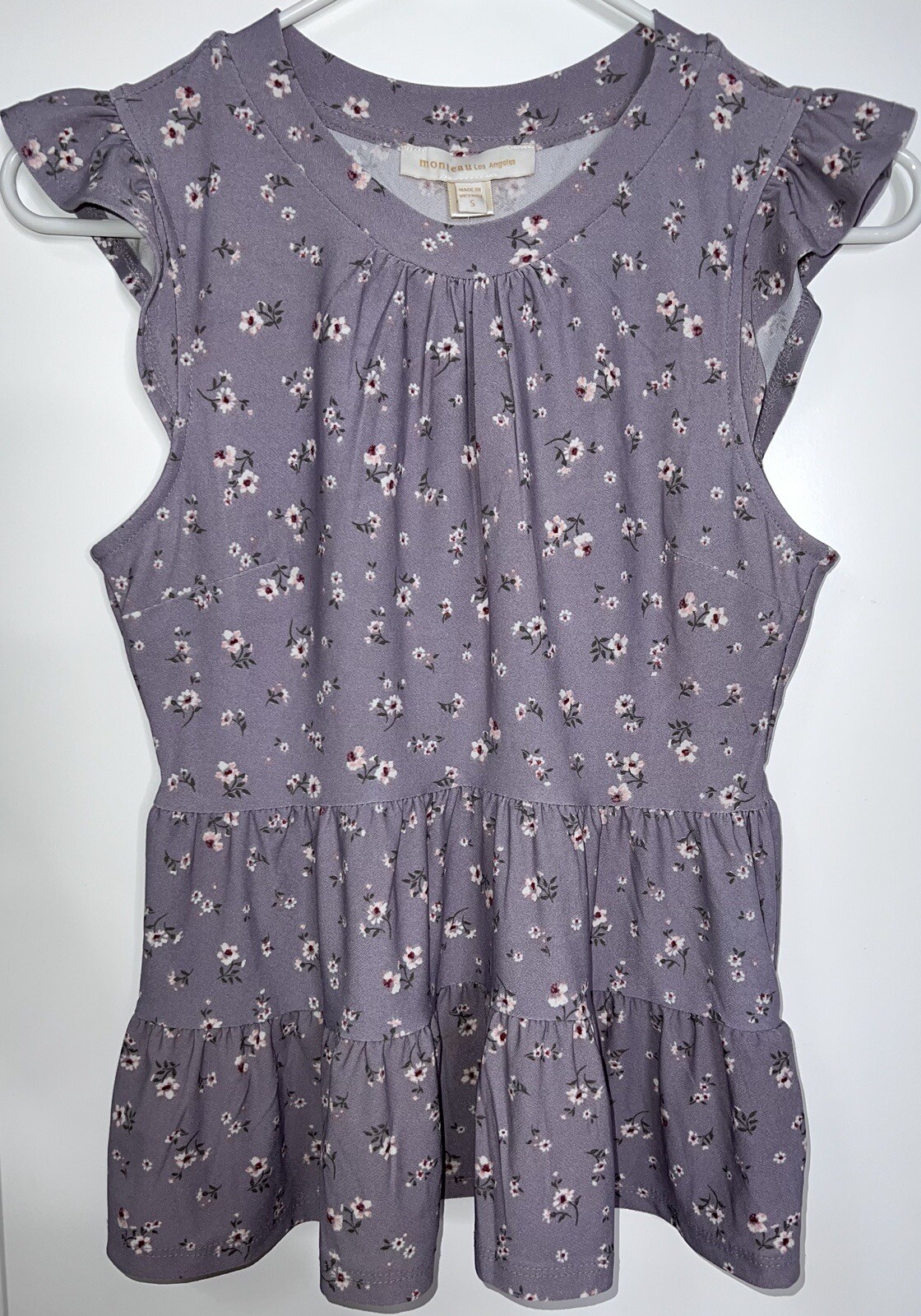 Monteau Women’s Floral Purple Tiered Top SMALL Flared Pleated Ruffle NWT