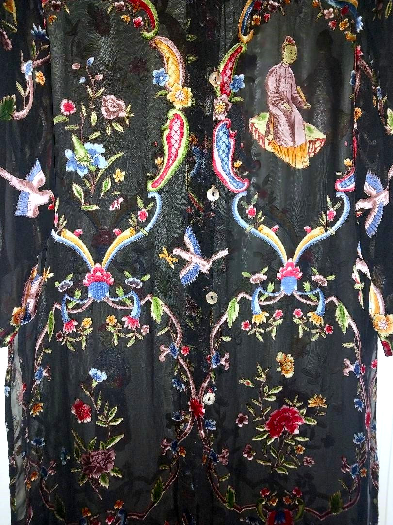 Vintage Citron Santa Monica Silk Black Multicolor Asian Motif Kimono Duster M