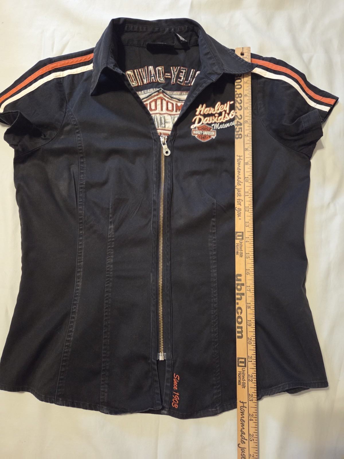 Harley Davidson Black Garage Short Sleeve Zip Front Shirt Woman’s Sz M