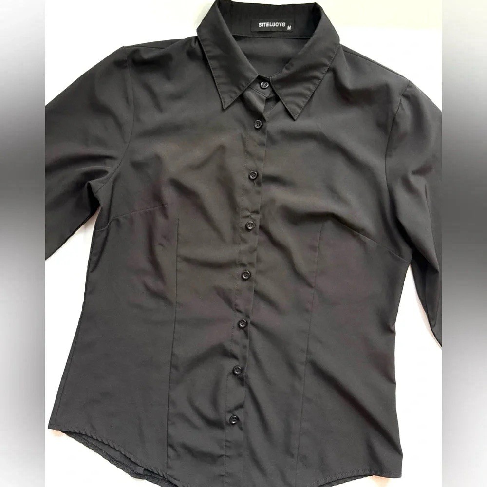 Solid Button-Up Collared Long Sleeve Shirt Top Black Size M Workwear