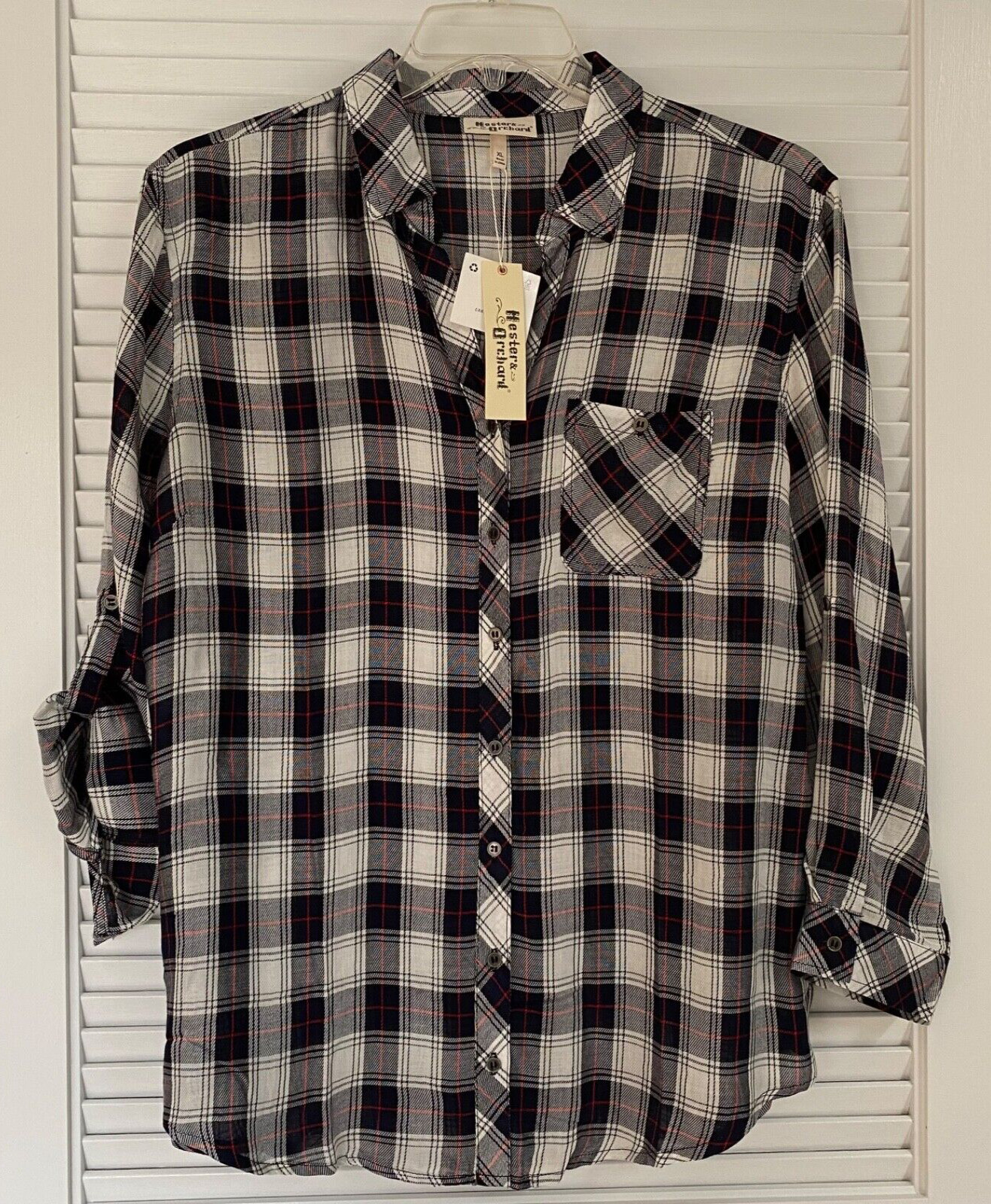 Hester & Orchard Black~White~Red Button Up Shirt Roll Tab Sleeve Size XL NWT