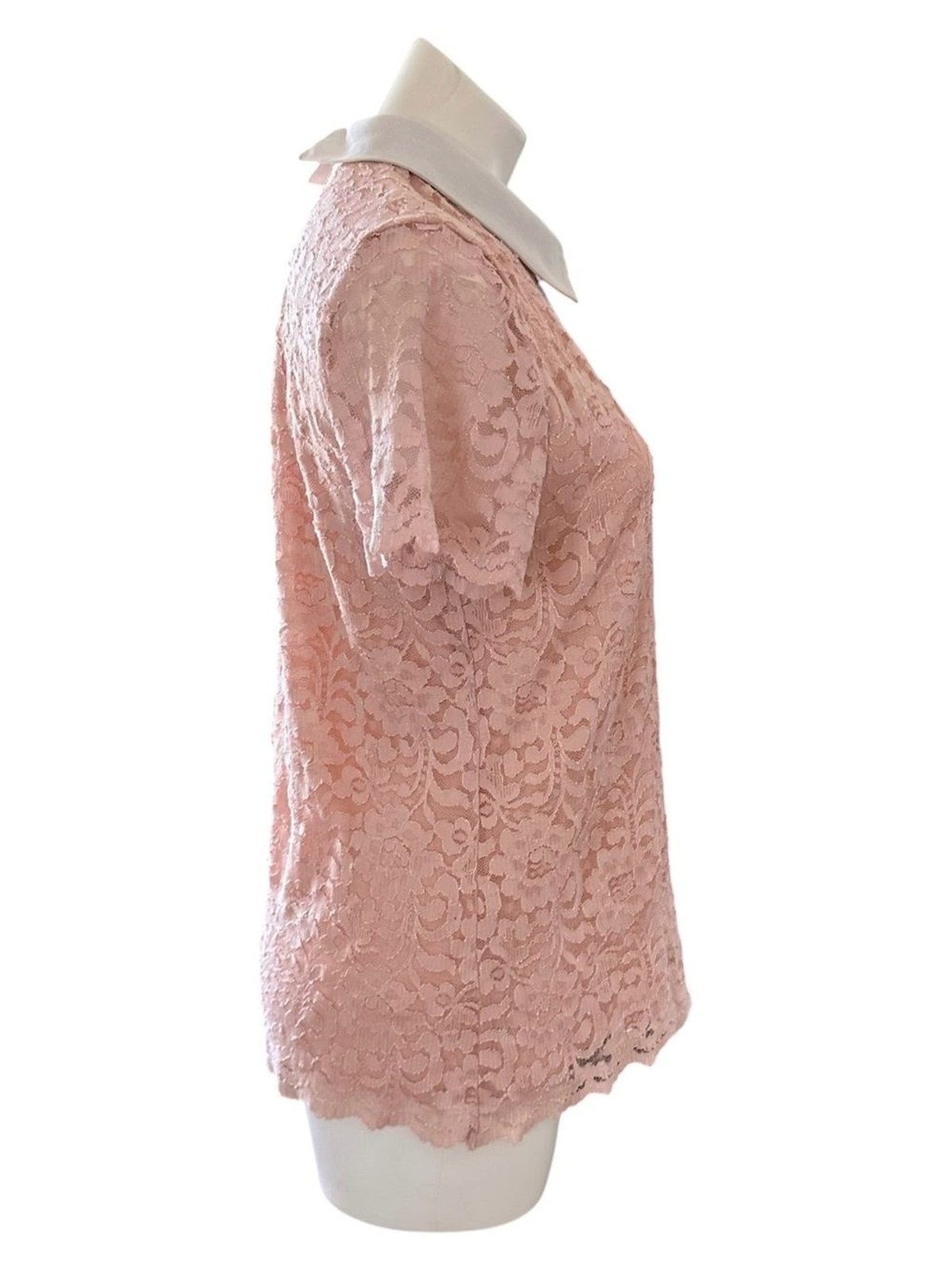 Karl Lagerfeld Blush Pink Floral Lace Top with White Collar and Black Tie Size M