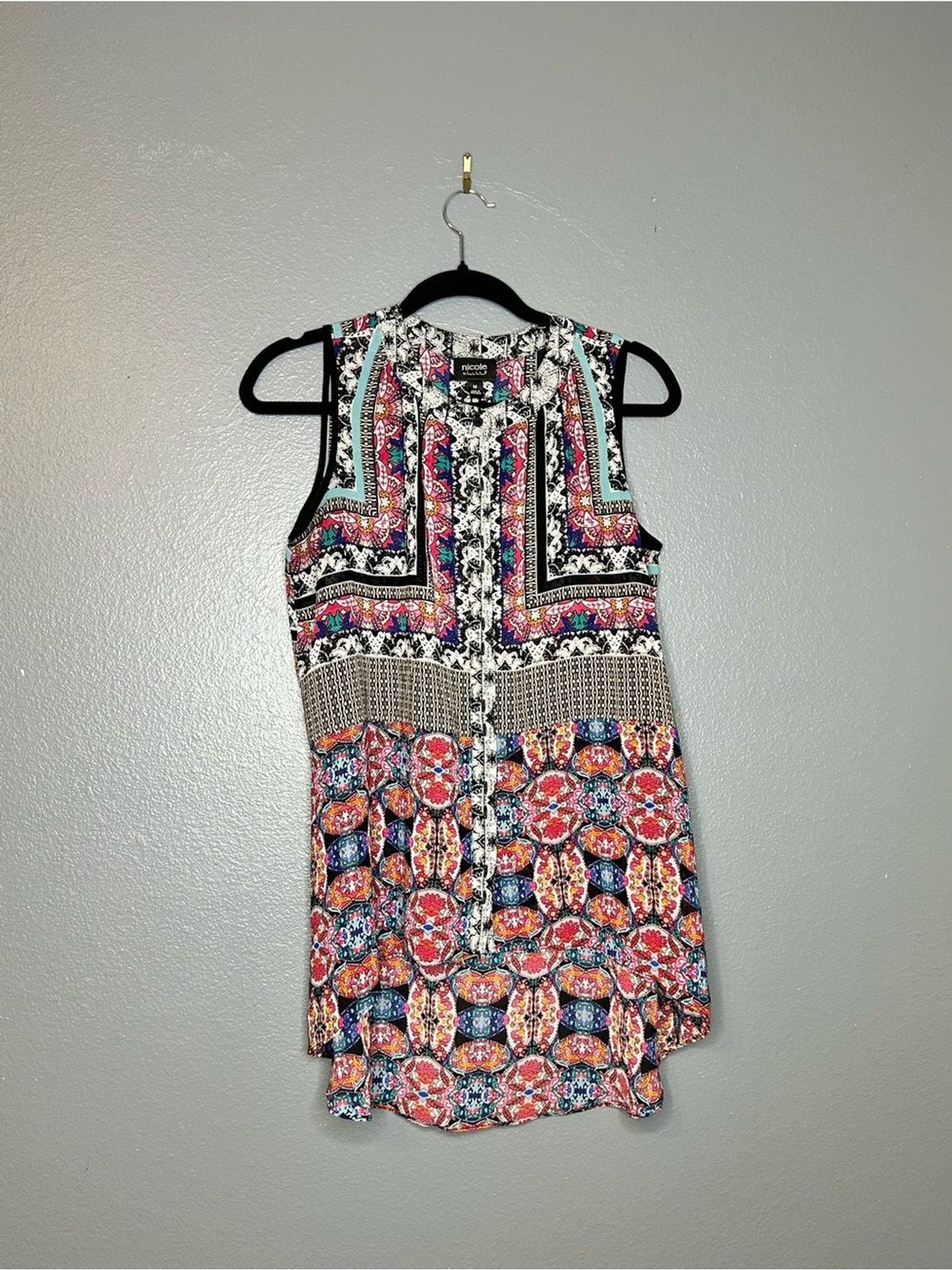 Nicole Miller Boho Multicolor Patchwork Printed Sleeveless Top Medium