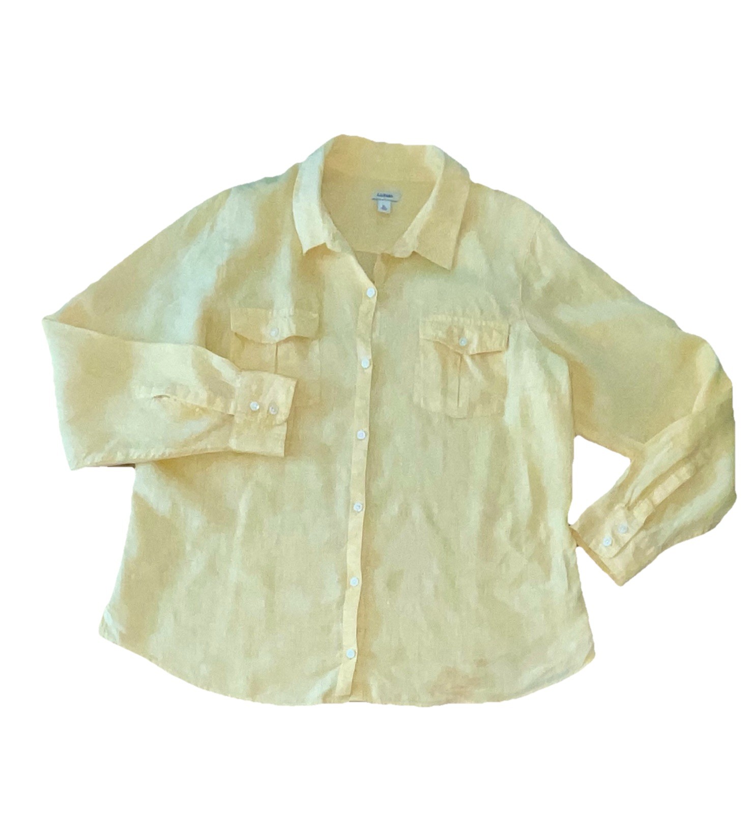 LL Bean Womens Premium Long Convertible Sleeve Button Up Linen Shirt Yellow XL