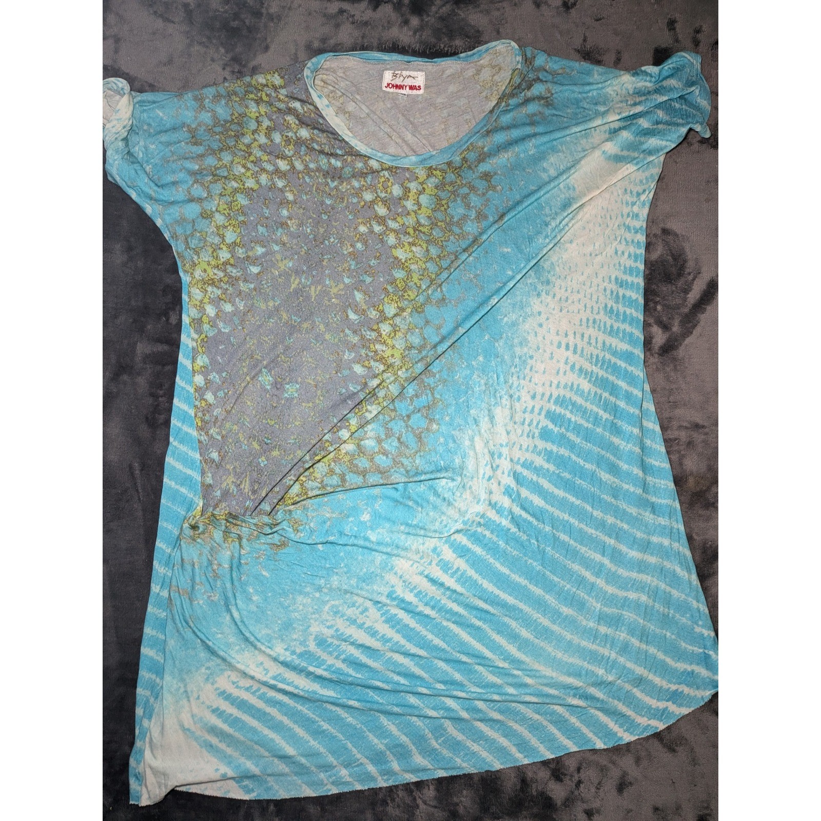 Johnny Was Biya Tunic Jersey Turquoise Grey Snakeskin Tie Dye Womens XS