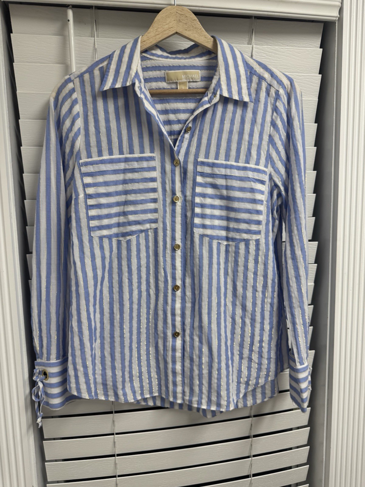 Michael Kors Blue & White Striped Gold Style Long Sleeve Button Up Women’s S