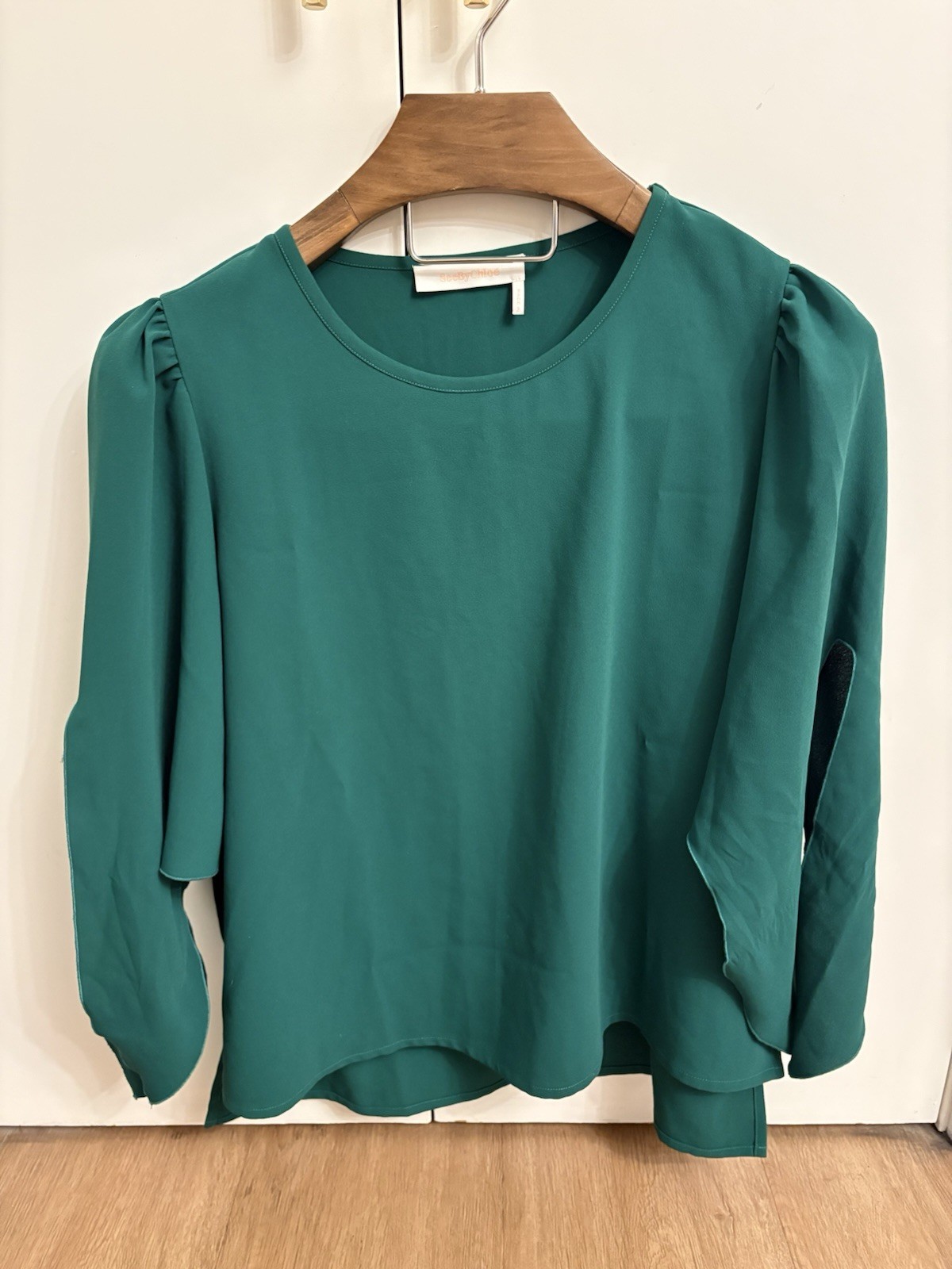 SeeByChloé Deep Pine Green Slit Sleeve Chiffon Blouse Pleated Shoulder Size 44