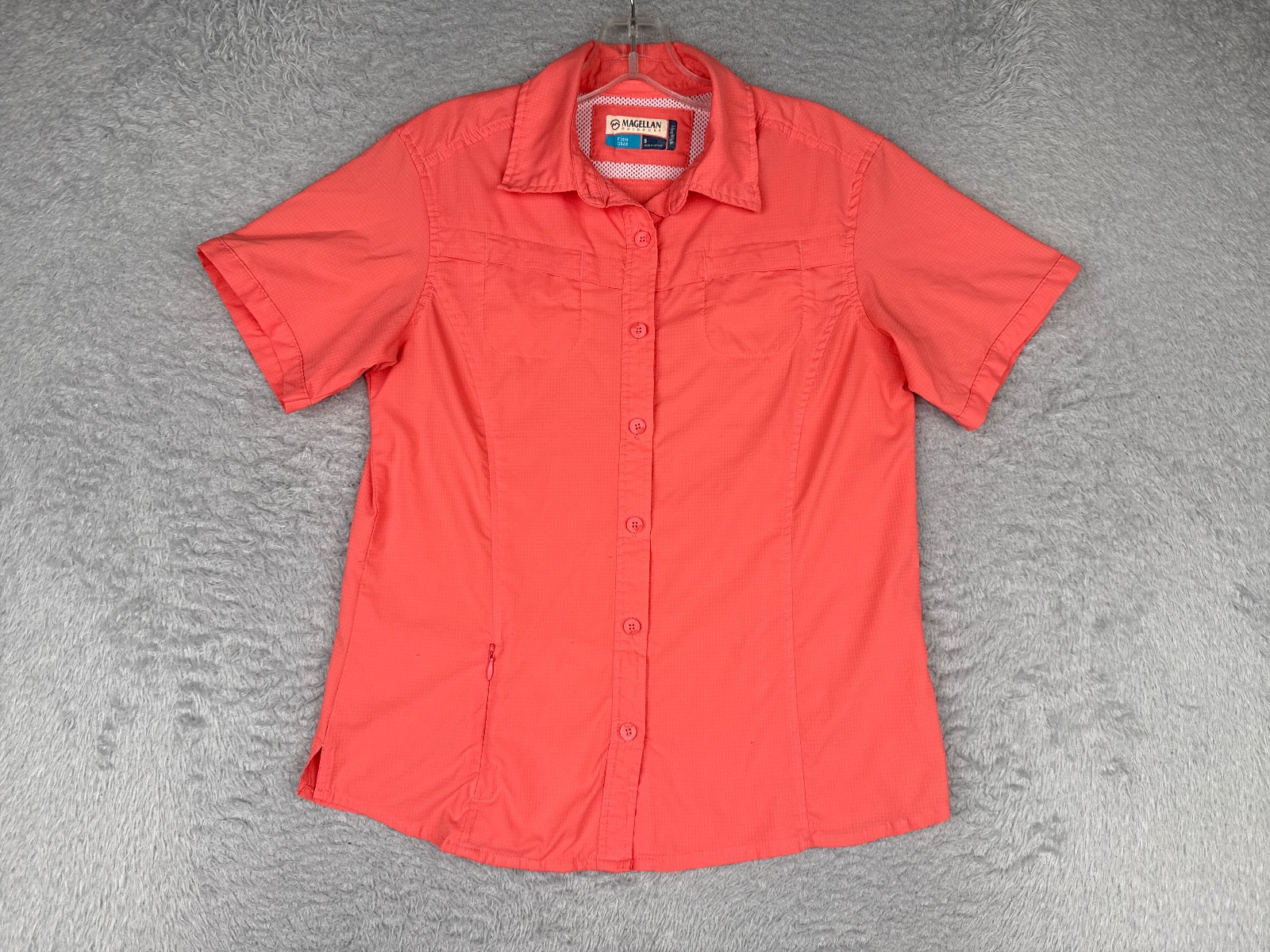 Magellan Shirt Women Small Pink Button Up Short Sleeve Pocket Poly Fish Hike