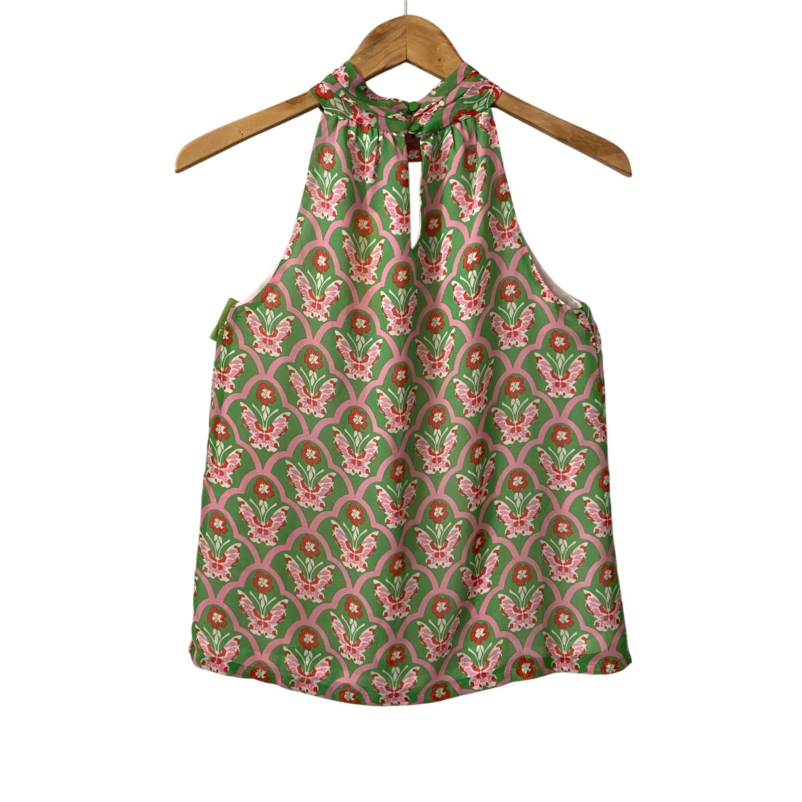 Jade Melody Tam Whimsical Green Pink Butterfly Floral Halter Mock Neck Top