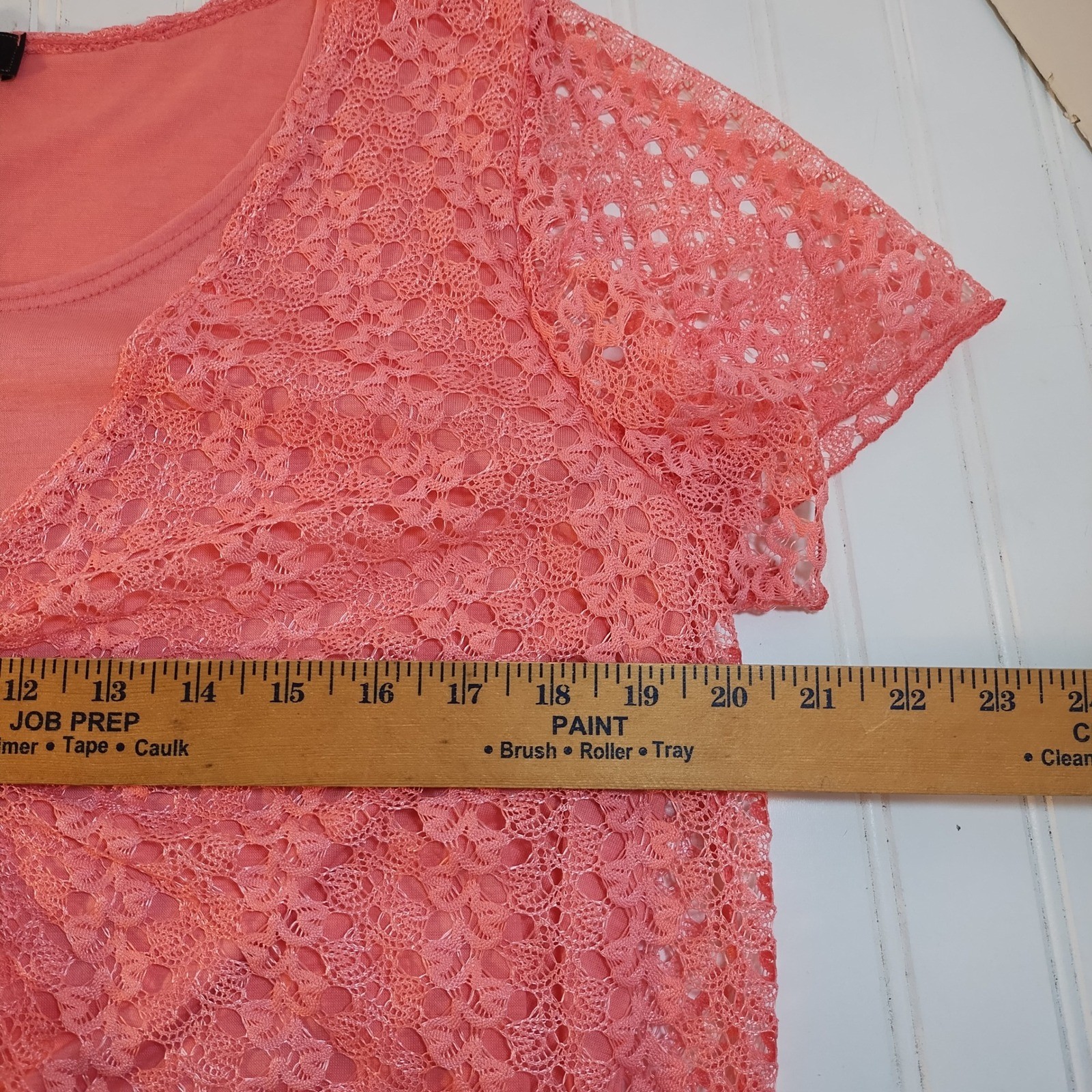 VTG Cal Style USA Pink Lace O-Ring Short Sleeve Top LG Crochet Romantic BOHO