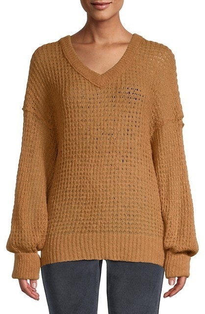 Free People Tan Open Waffle Knit Oversized V-Neck Alpaca Wool Tunic Sweater Sz S