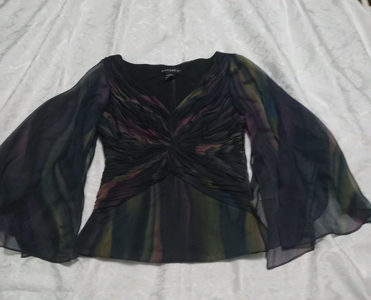 Vintage Cachet Womens Y2K Organza Multi ColorV-Neck Top Ruched Size 4 New