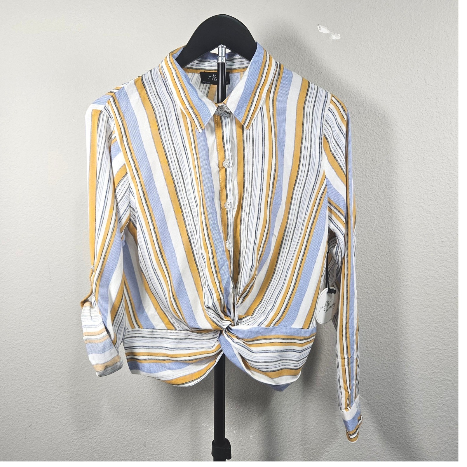 Milk & Honey Striped Button Down Top Women Medium Blue Yellow Smocked Boho