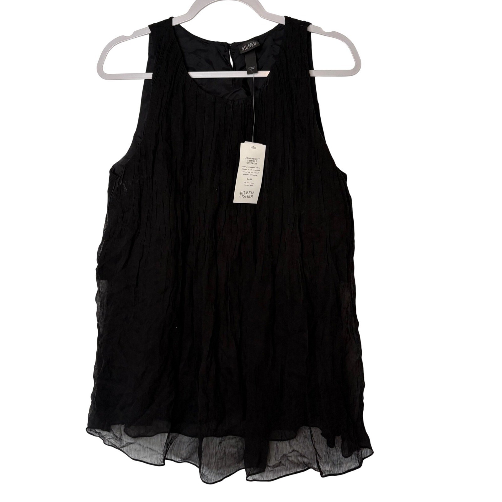 Eileen Fisher Black Crinkle Chiffon Silk Tank Top Blouse L Capsule Goth Corp
