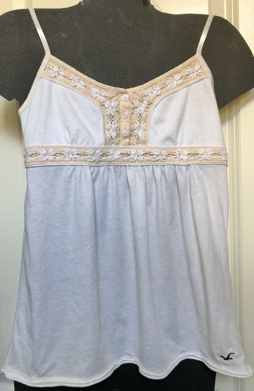 Hollister babydoll top beaded embroidery adjustable straps, cream/beige cami Y2k