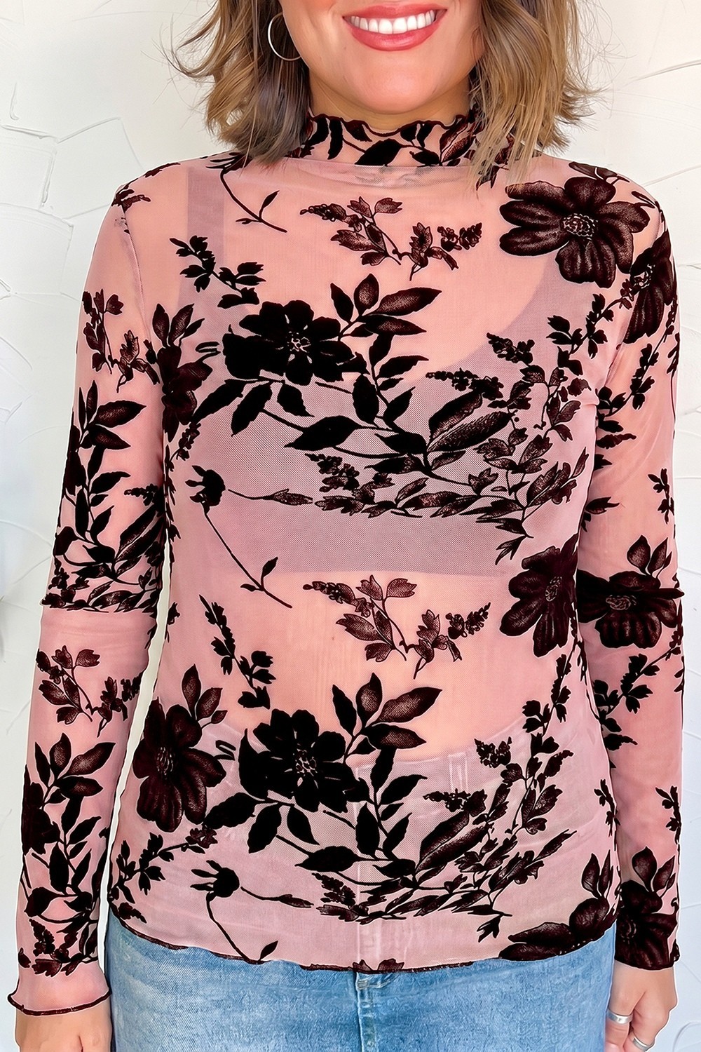 SYNZ Floral Print Sheer Mesh Long Sleeve Pullover Blouse In Dusty Pink
