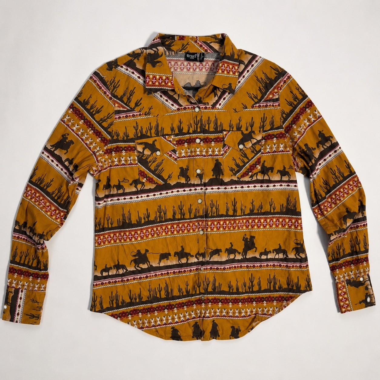 Womens Western Snap Shirt Mustard Yellow Desert Cowboy Horses Animals XL Cotton